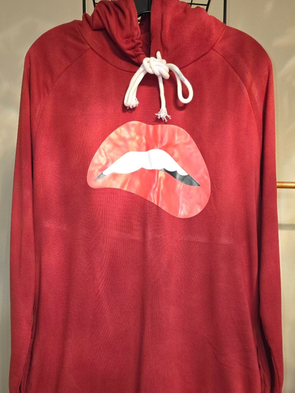 Sassy Biting Your Ruby Red Lips Hoodie Dress Graphic Sweatshirt Pockets One Size